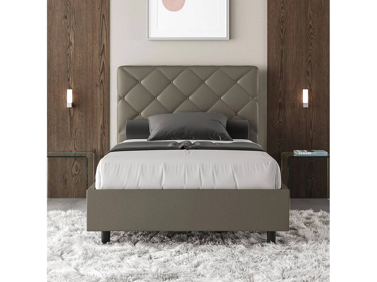 Lit double sans sommier rembourré 140x190 similicuir cappuccino Priya