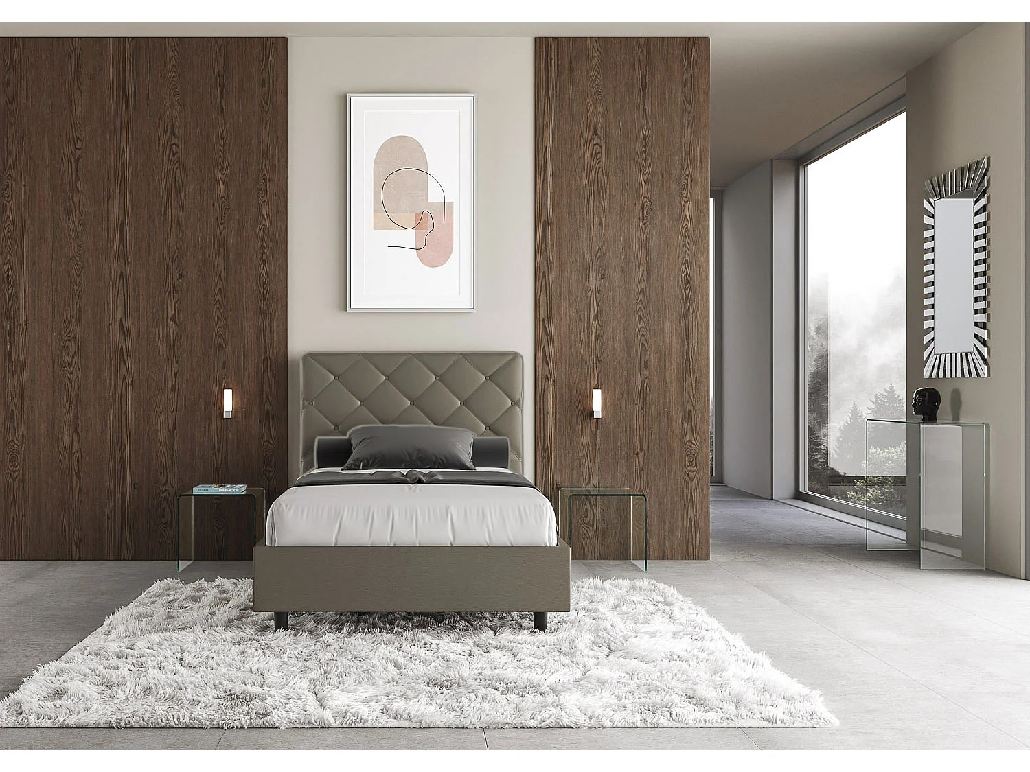 Lit double sans sommier rembourré 140x190 similicuir cappuccino Priya