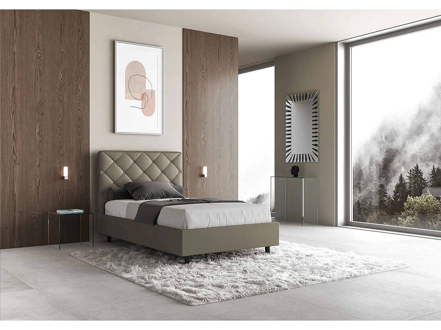 Lit double sans sommier rembourré 140x190 similicuir cappuccino Priya