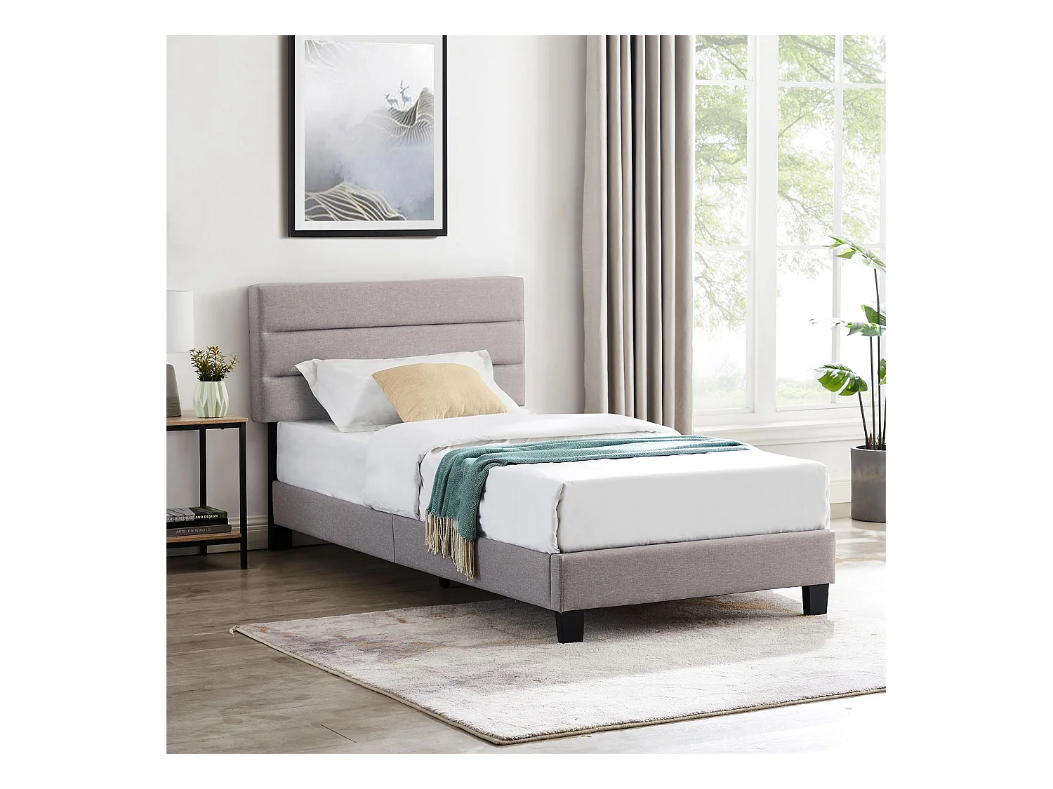 Lit 1 place FLORIDA 90x190 cm avec sommier, lit simple pour enfant ou adulte, hauteur réglable, lit en tissu gris