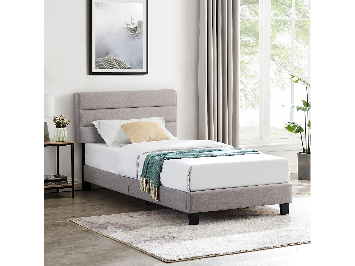 Lit 1 place FLORIDA 90x190 cm avec sommier, lit simple pour enfant ou adulte, hauteur réglable, lit en tissu gris