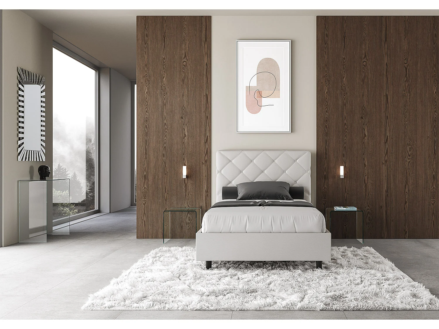 Lit double avec sommier rembourré 140x190 similicuir blanc Priya