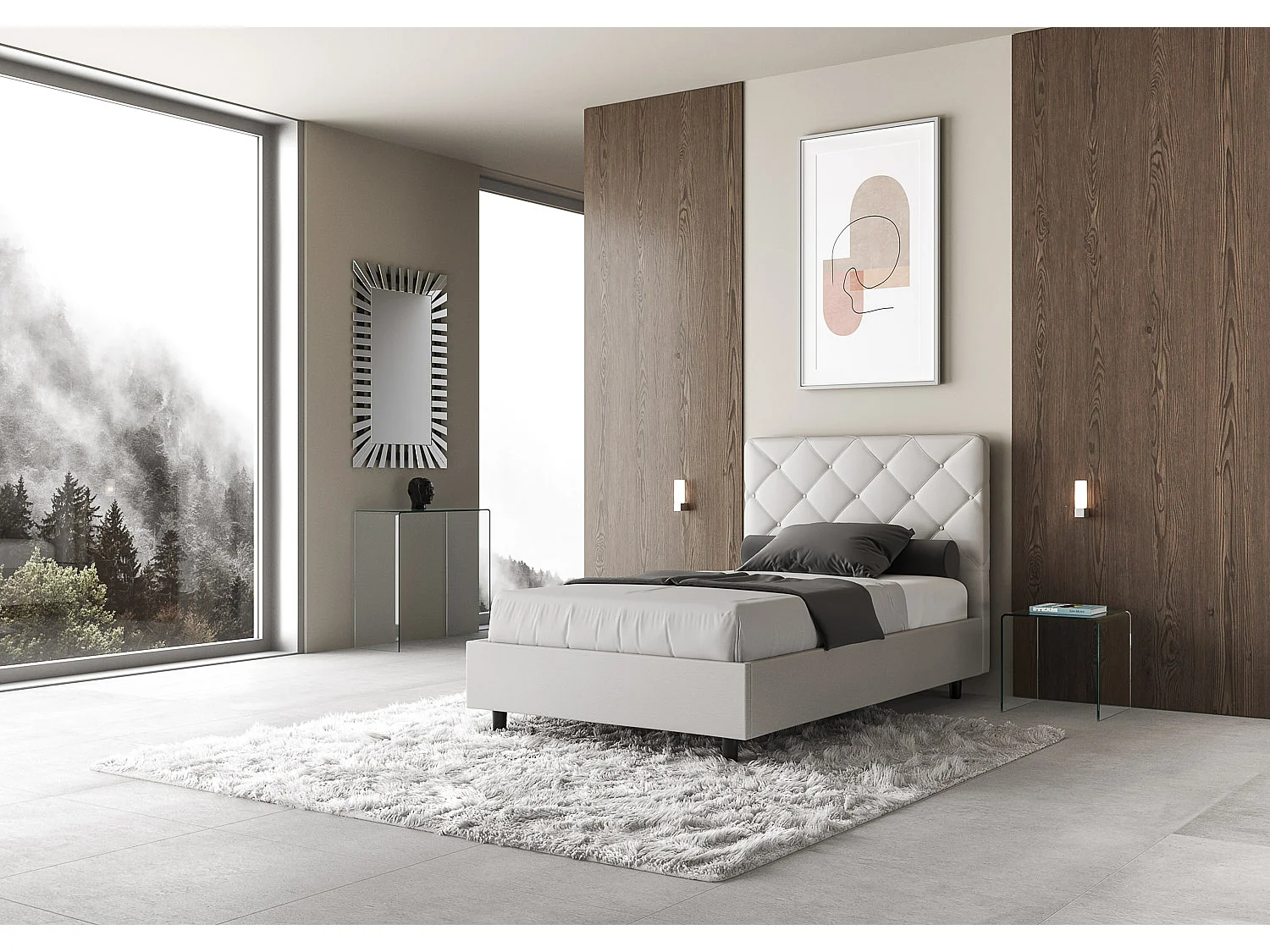 Lit double avec sommier rembourré 140x190 similicuir blanc Priya