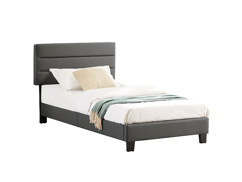 Lit 1 place HUDSON 90x190 cm avec sommier, lit simple pour enfant ou adulte, hauteur réglable, lit en synthétique gris