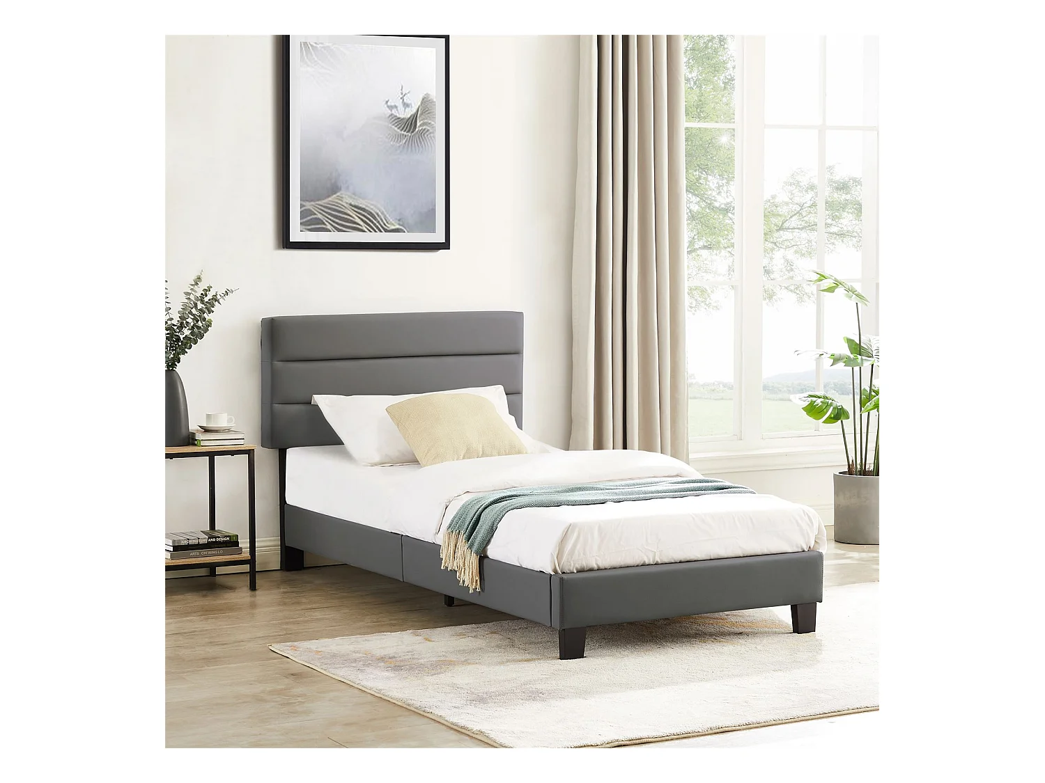 Lit 1 place HUDSON 90x190 cm avec sommier, lit simple pour enfant ou adulte, hauteur réglable, lit en synthétique gris