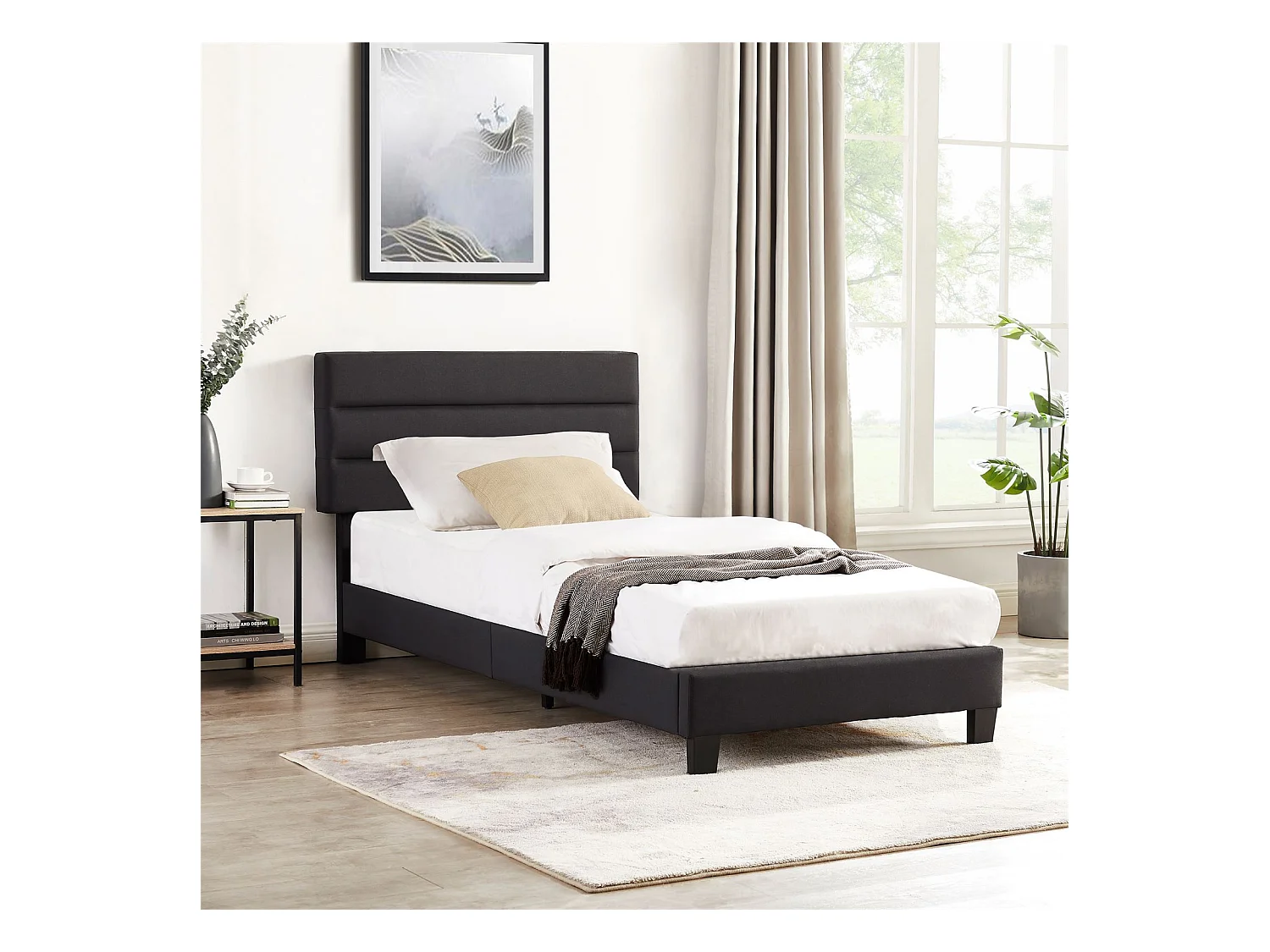 Lit 1 place FLORIDA 90x190 cm avec sommier, lit simple pour enfant ou adulte, hauteur réglable, lit en tissu noir