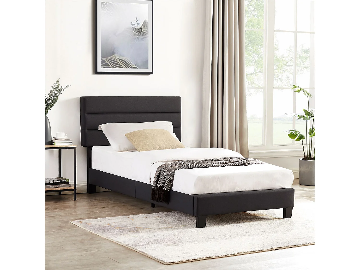 Lit 1 place FLORIDA 90x190 cm avec sommier, lit simple pour enfant ou adulte, hauteur réglable, lit en tissu noir