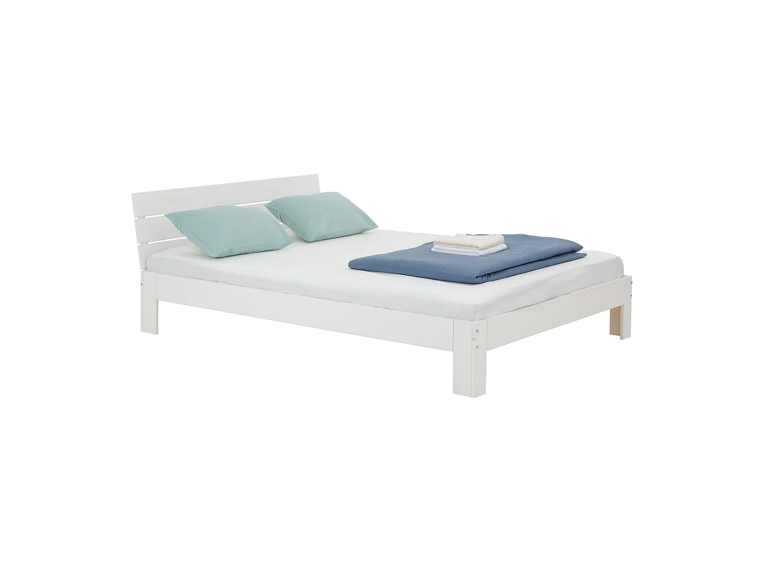 Lit double pour adulte THOMAS couchage 140 x 190 cm avec tête de lit, 2 places pour 2 personnes, en pin massif lasuré blanc