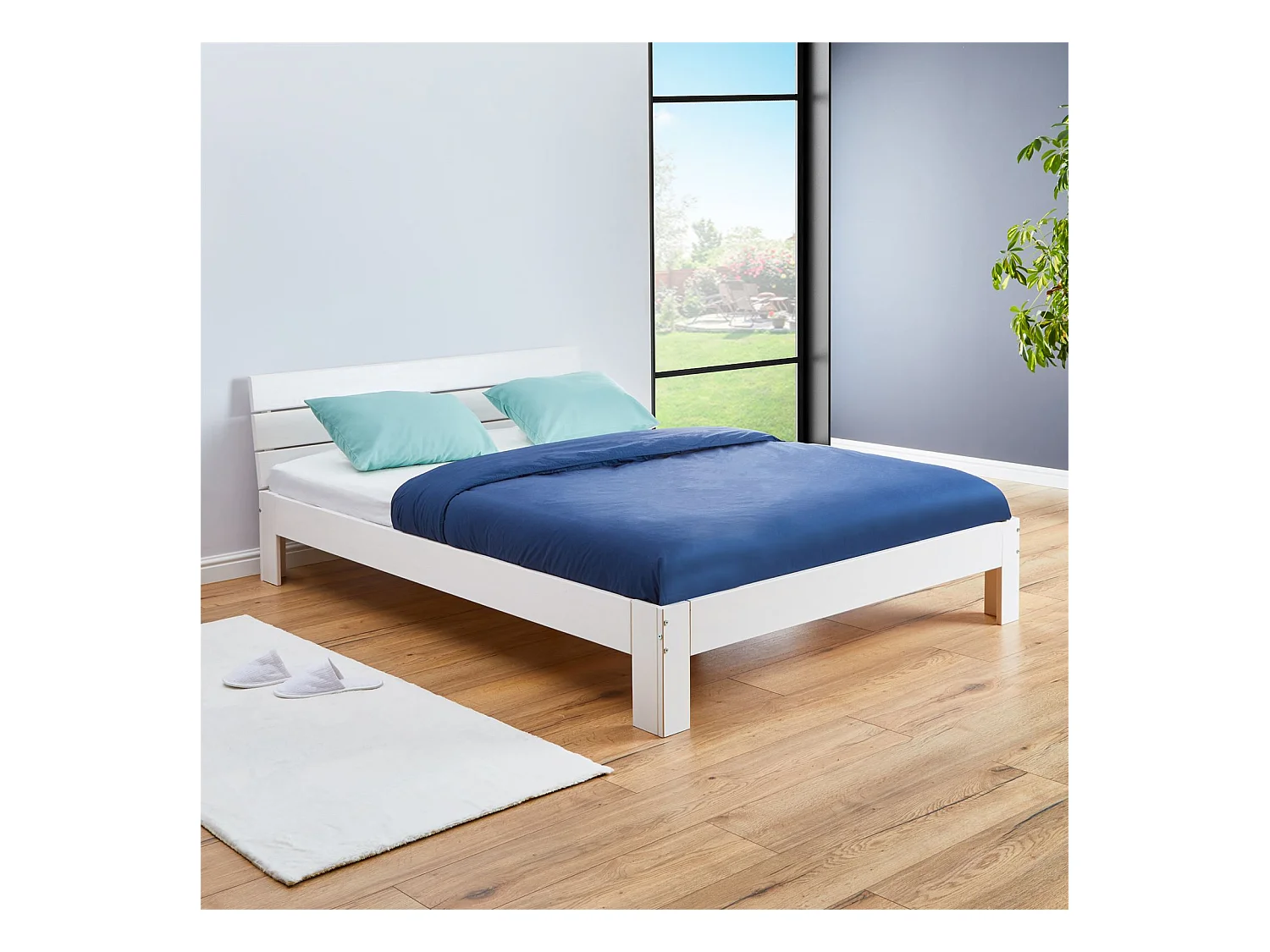 Lit double pour adulte THOMAS couchage 140 x 190 cm avec tête de lit, 2 places pour 2 personnes, en pin massif lasuré blanc