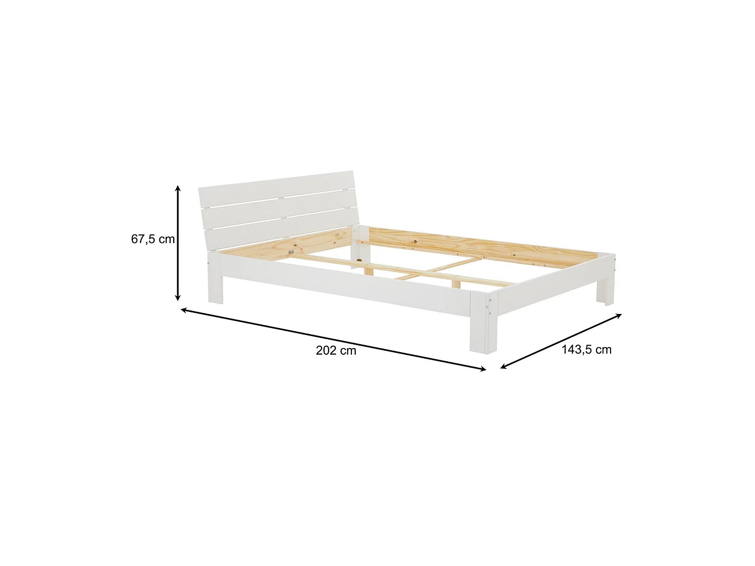 Lit double pour adulte THOMAS couchage 140 x 190 cm avec tête de lit, 2 places pour 2 personnes, en pin massif lasuré blanc