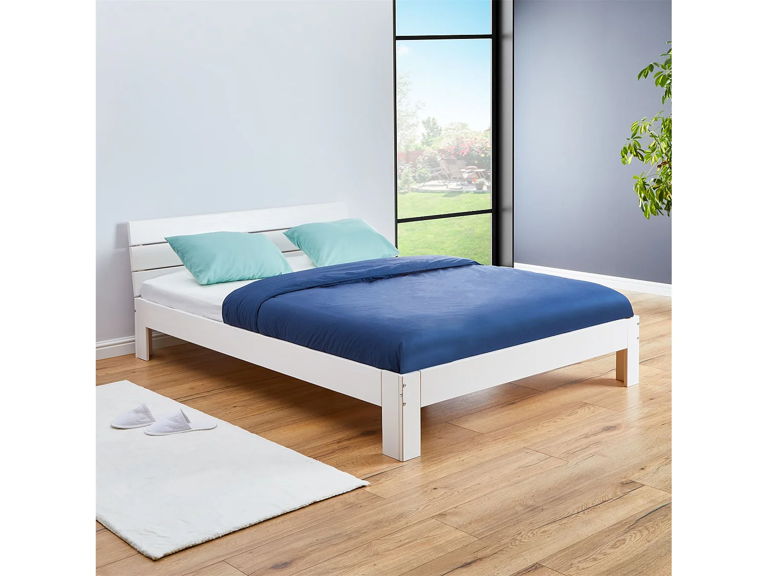 Lit double pour adulte THOMAS couchage 140 x 190 cm avec tête de lit, 2 places pour 2 personnes, en pin massif lasuré blanc