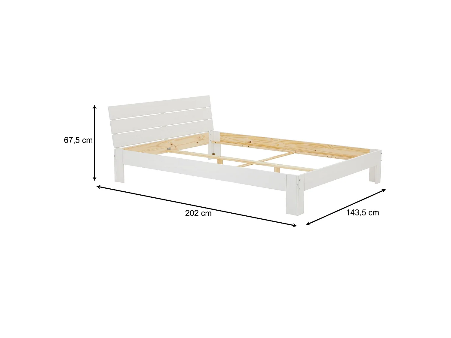 Lit double pour adulte THOMAS couchage 140 x 190 cm avec tête de lit, 2 places pour 2 personnes, en pin massif lasuré blanc