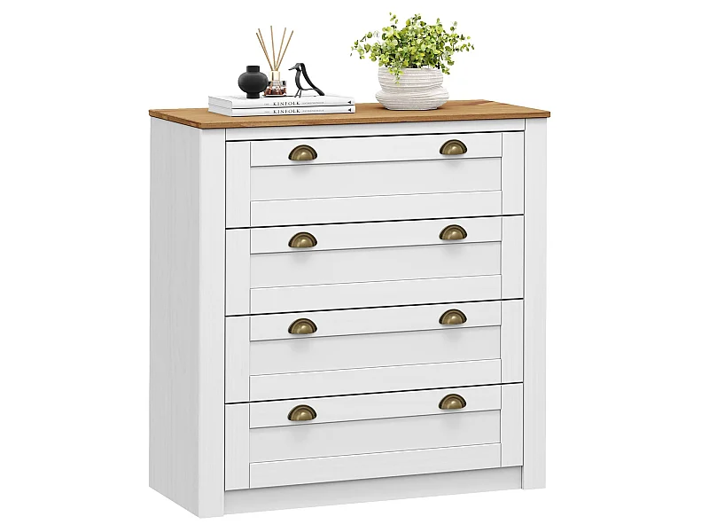 Commode chambre BOLTON L 91 cm en bois massif lasuré blanc et brun avec 4 grands tiroirs et poignées style campagne