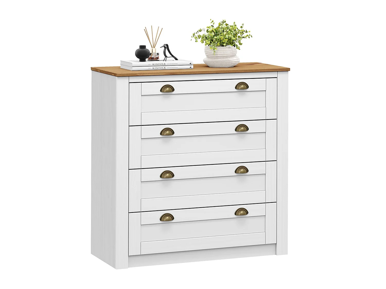 Commode chambre BOLTON L 91 cm en bois massif lasuré blanc et brun avec 4 grands tiroirs et poignées style campagne