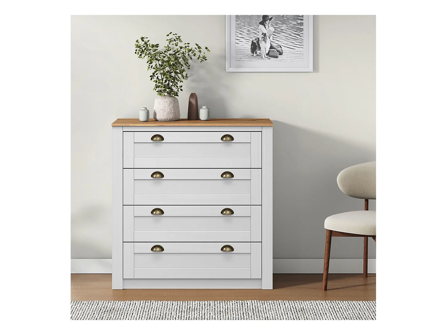 Commode chambre BOLTON L 91 cm en bois massif lasuré blanc et brun avec 4 grands tiroirs et poignées style campagne