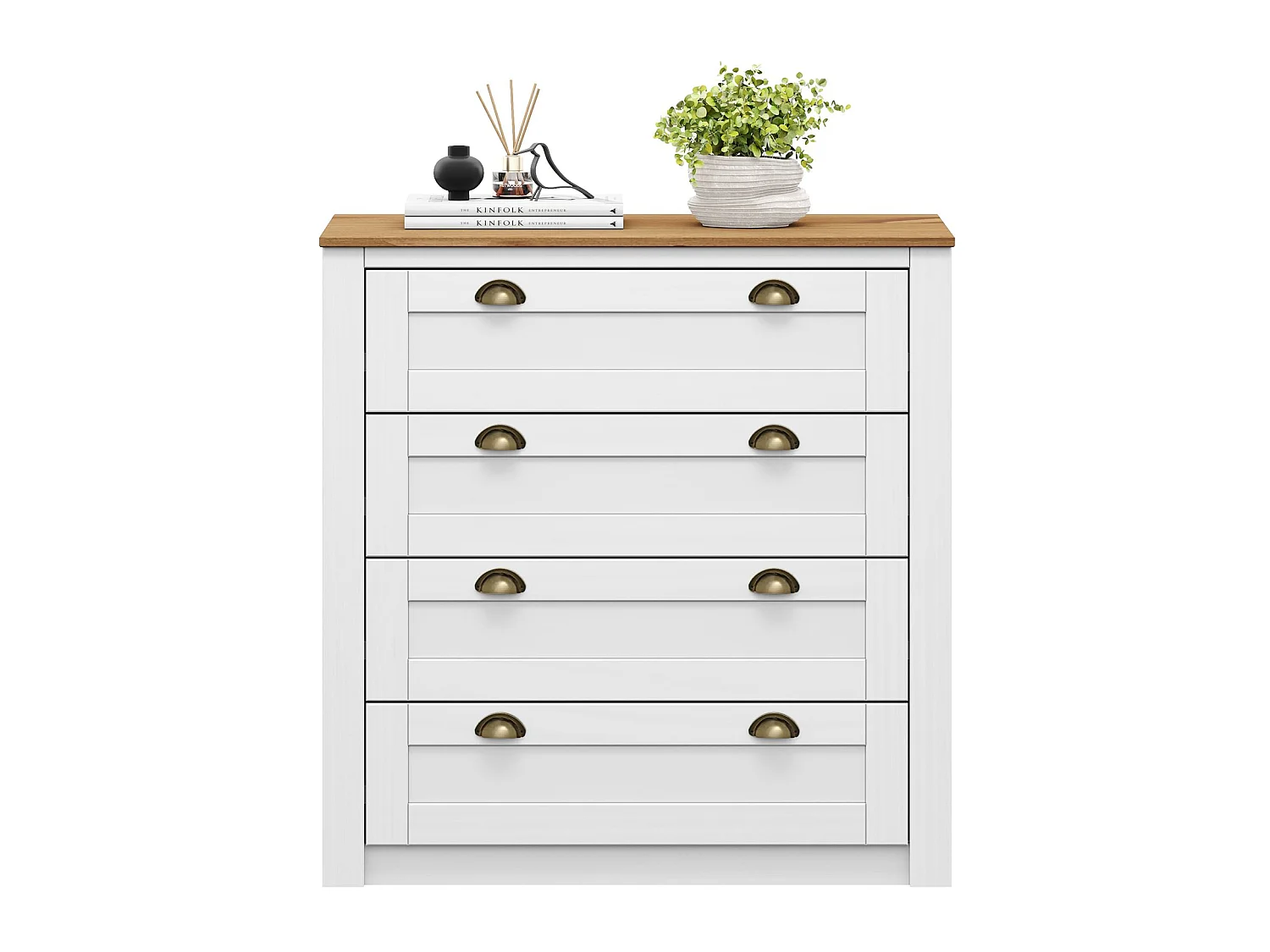 Commode chambre BOLTON L 91 cm en bois massif lasuré blanc et brun avec 4 grands tiroirs et poignées style campagne