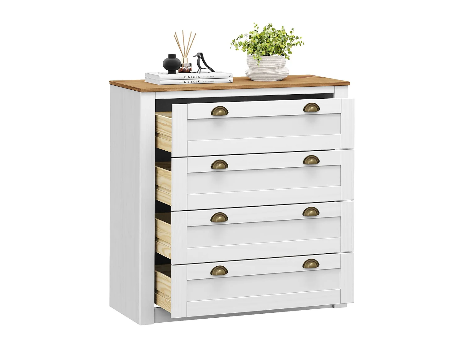 Commode chambre BOLTON L 91 cm en bois massif lasuré blanc et brun avec 4 grands tiroirs et poignées style campagne