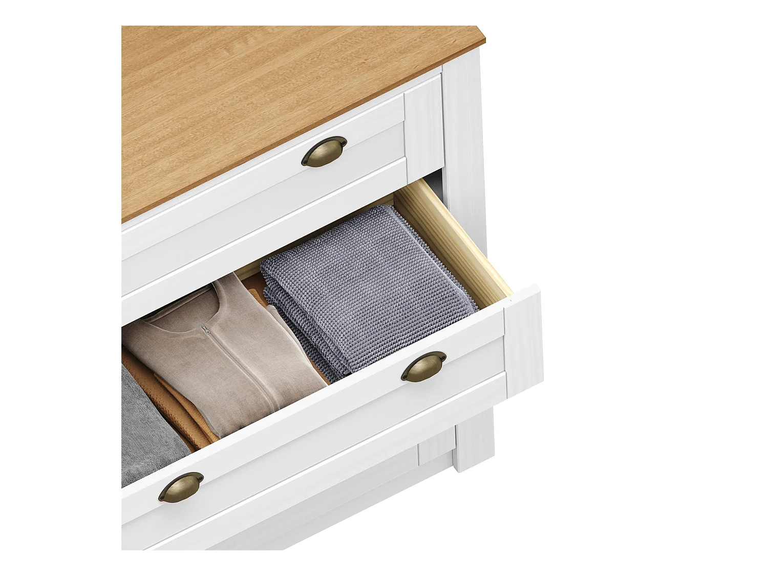 Commode chambre BOLTON L 91 cm en bois massif lasuré blanc et brun avec 4 grands tiroirs et poignées style campagne