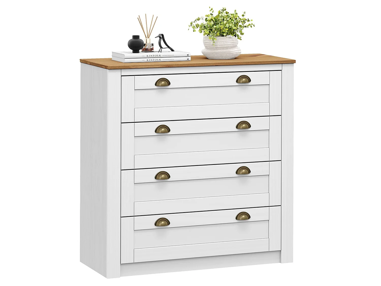 Commode chambre BOLTON L 91 cm en bois massif lasuré blanc et brun avec 4 grands tiroirs et poignées style campagne