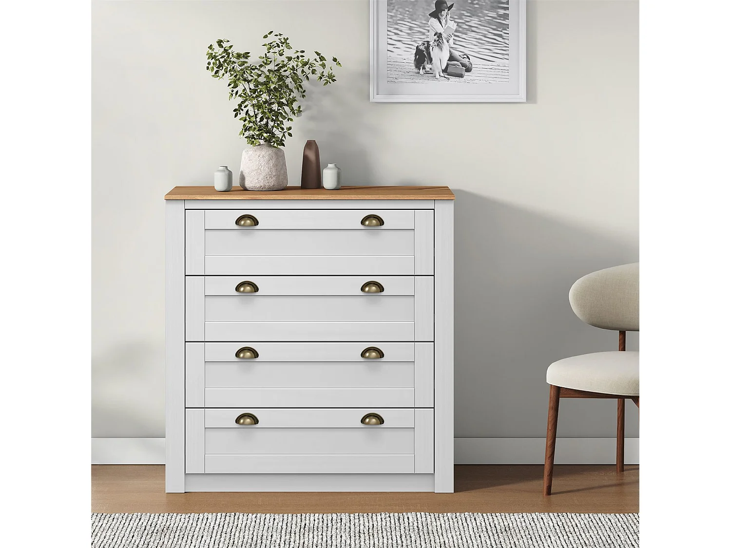 Commode chambre BOLTON L 91 cm en bois massif lasuré blanc et brun avec 4 grands tiroirs et poignées style campagne