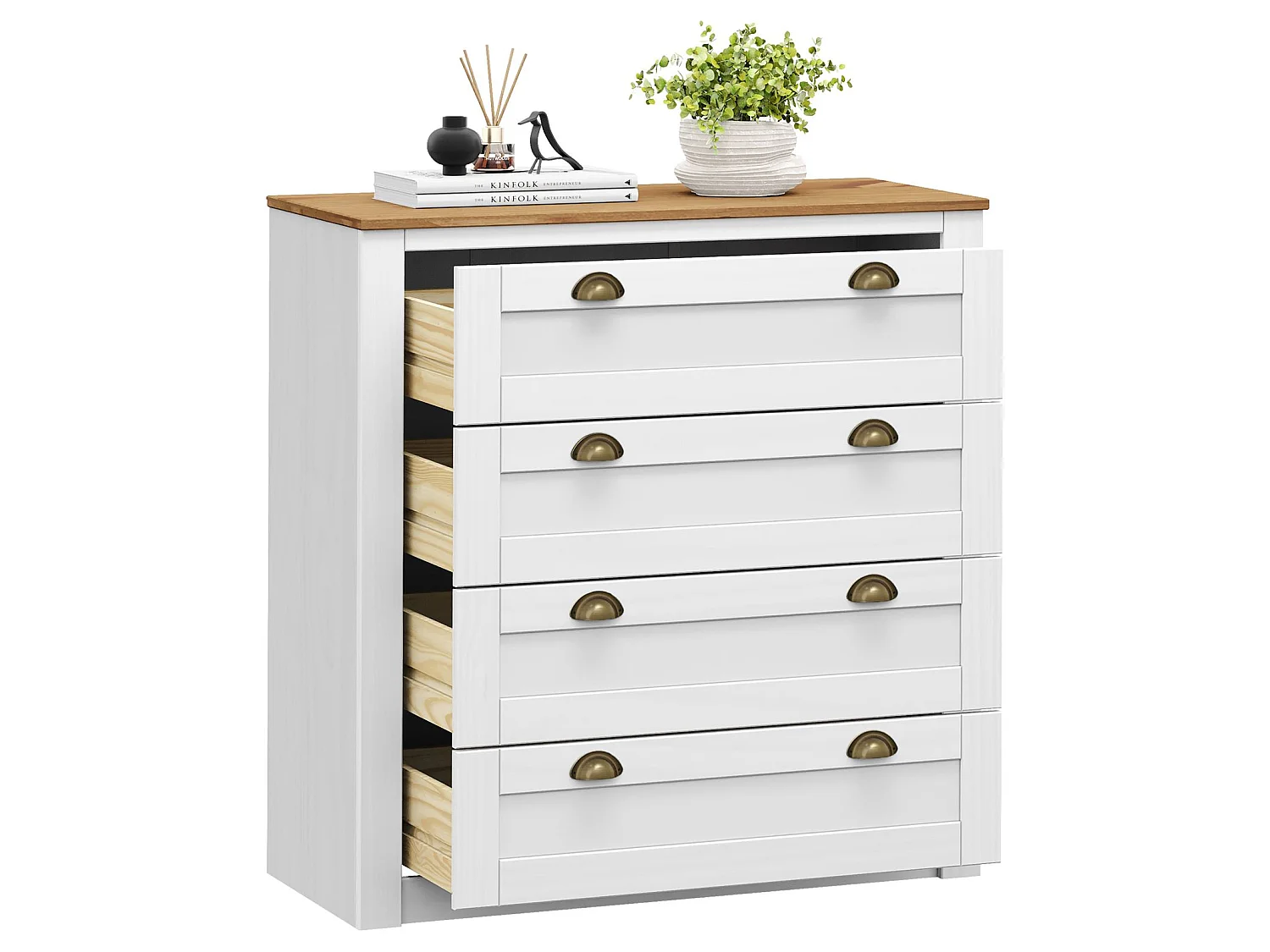 Commode chambre BOLTON L 91 cm en bois massif lasuré blanc et brun avec 4 grands tiroirs et poignées style campagne