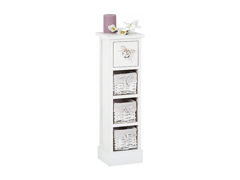 Chiffonnier FLOWER H 70 cm en bois massif blanc avec 1 tiroir et 3 paniers petite commode style shabby chic
