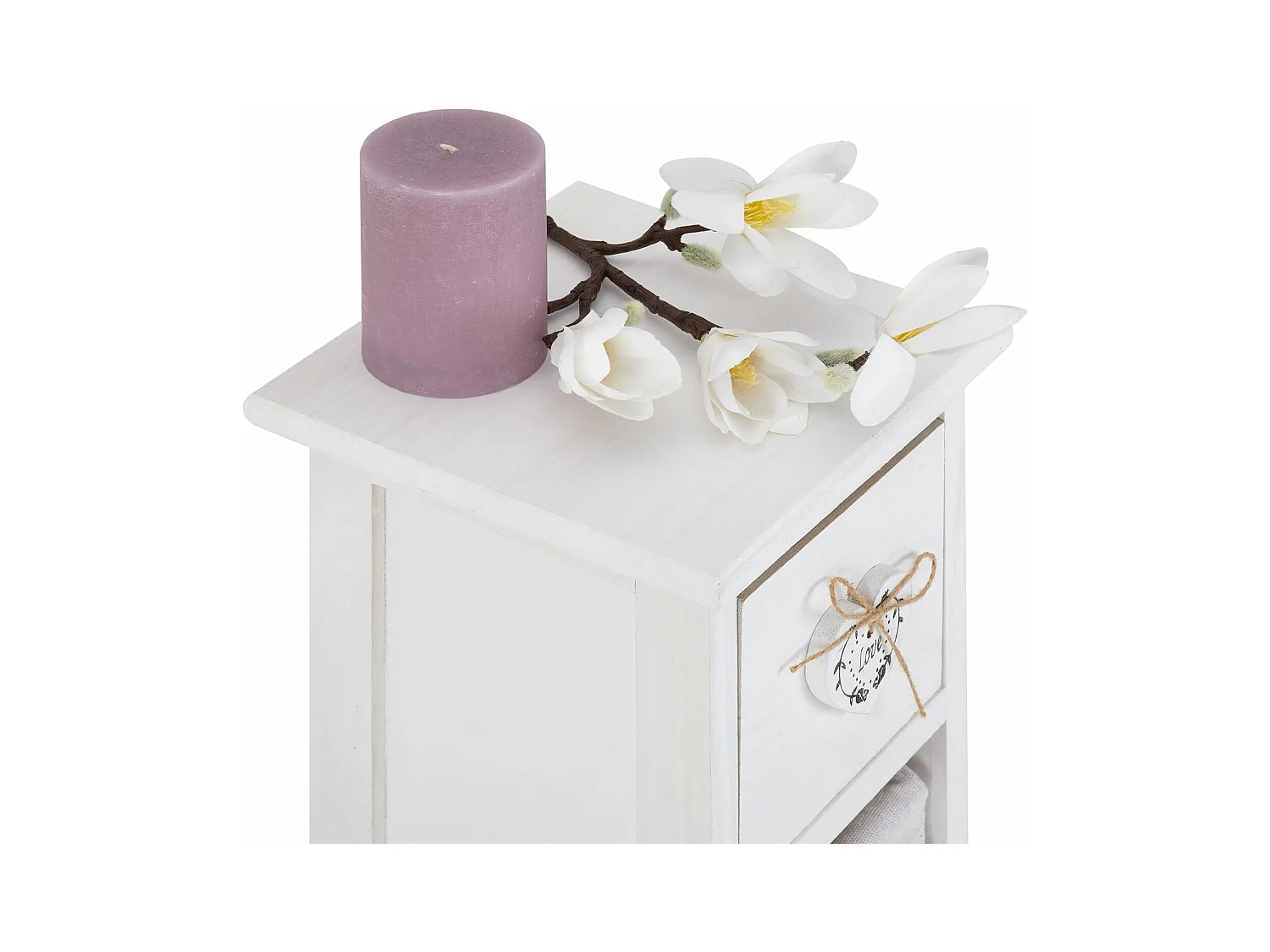 Chiffonnier FLOWER H 70 cm en bois massif blanc avec 1 tiroir et 3 paniers petite commode style shabby chic