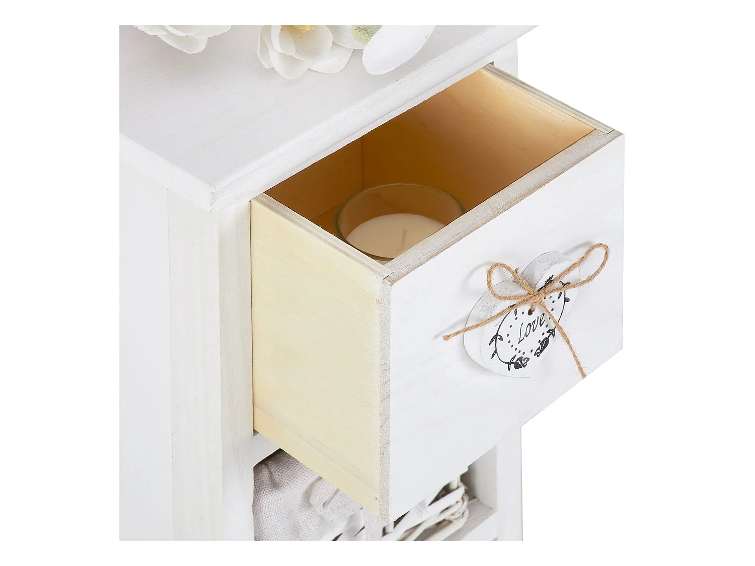 Chiffonnier FLOWER H 70 cm en bois massif blanc avec 1 tiroir et 3 paniers petite commode style shabby chic