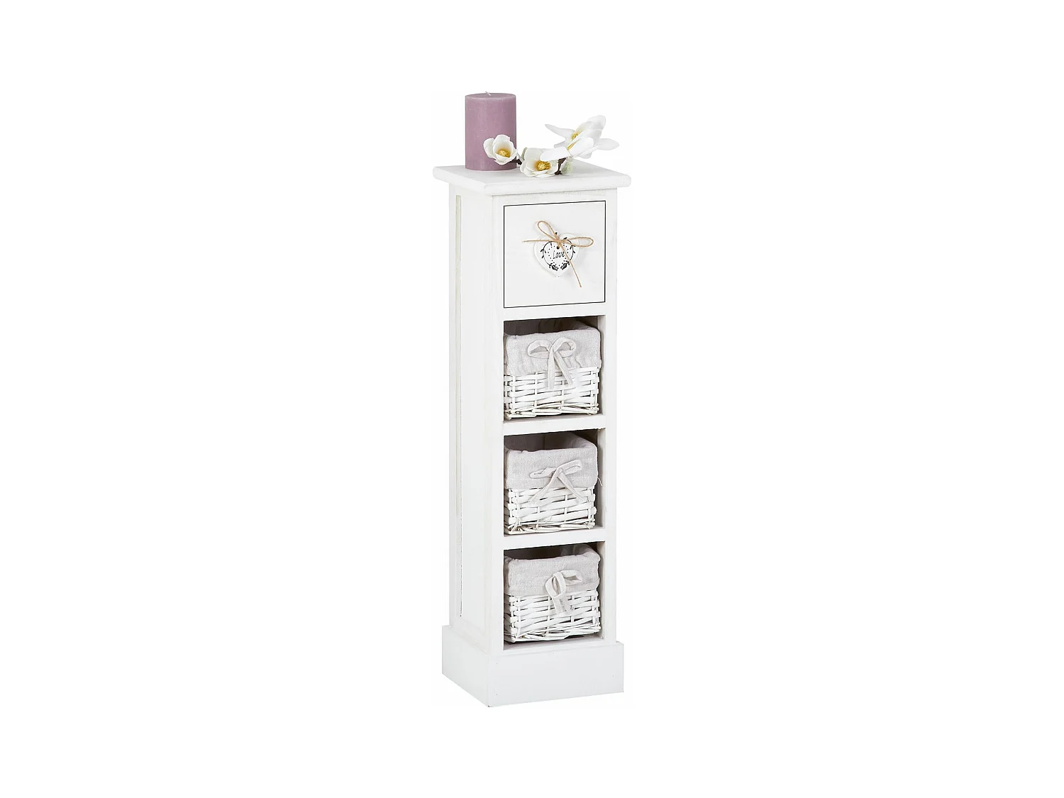 Chiffonnier FLOWER H 70 cm en bois massif blanc avec 1 tiroir et 3 paniers petite commode style shabby chic