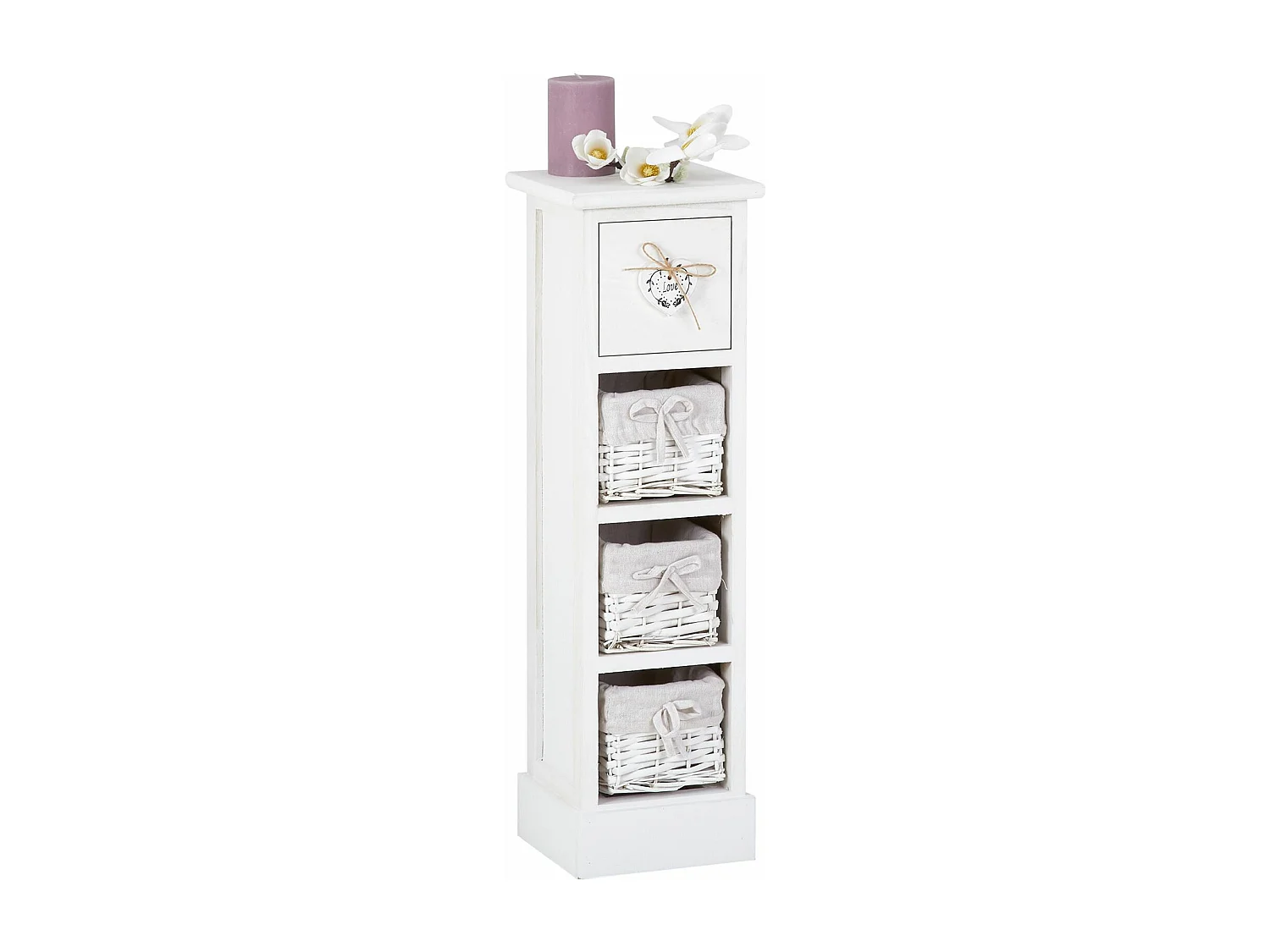 Chiffonnier FLOWER H 70 cm en bois massif blanc avec 1 tiroir et 3 paniers petite commode style shabby chic