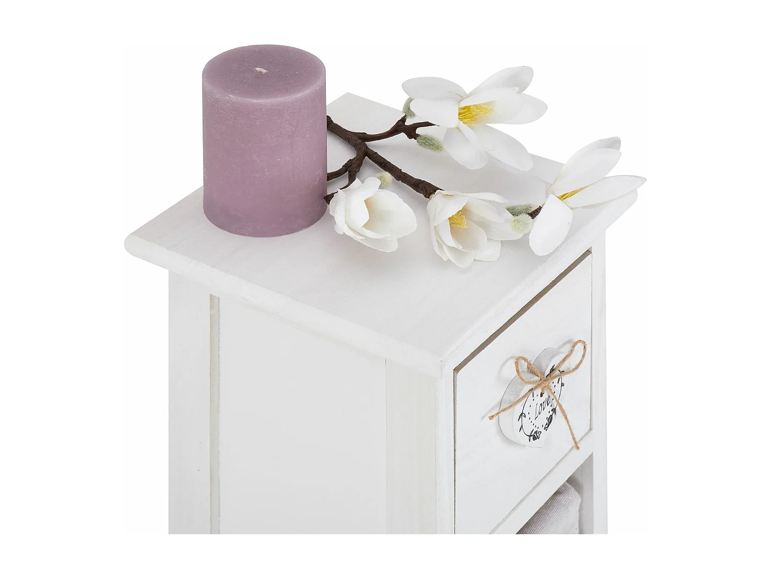 Chiffonnier FLOWER H 70 cm en bois massif blanc avec 1 tiroir et 3 paniers petite commode style shabby chic