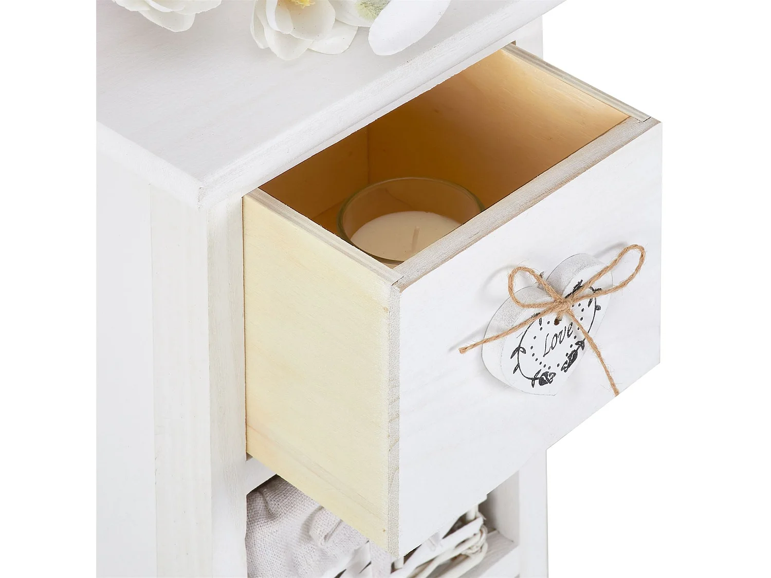 Chiffonnier FLOWER H 70 cm en bois massif blanc avec 1 tiroir et 3 paniers petite commode style shabby chic
