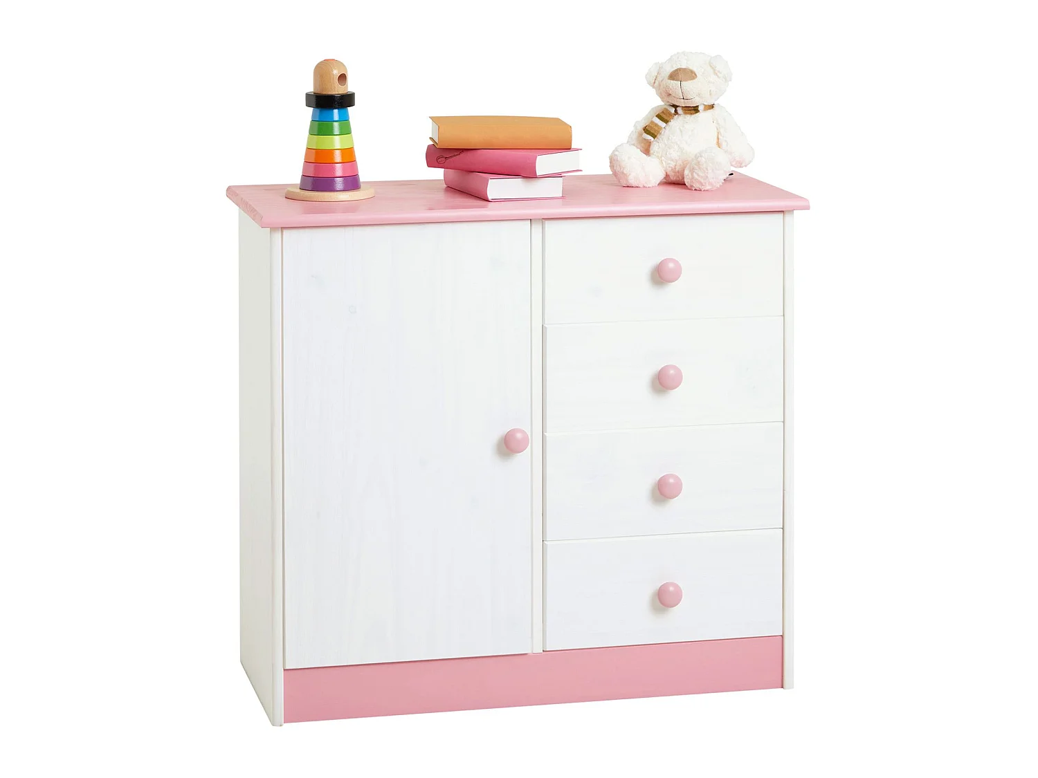 Commode enfant RONDO lasuré blanc et rose en pin passif buffet meuble de rangement pour chambre enfant avec 4 tiroirs et une porte