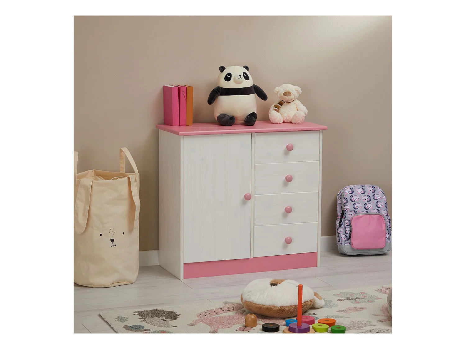Commode enfant RONDO lasuré blanc et rose en pin passif buffet meuble de rangement pour chambre enfant avec 4 tiroirs et une porte