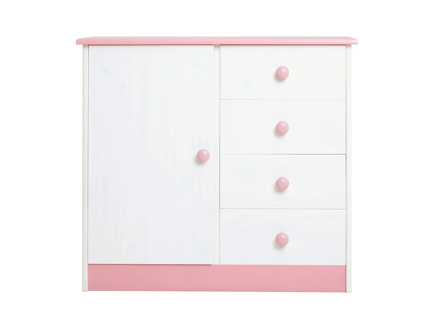 Commode enfant RONDO lasuré blanc et rose en pin passif buffet meuble de rangement pour chambre enfant avec 4 tiroirs et une porte