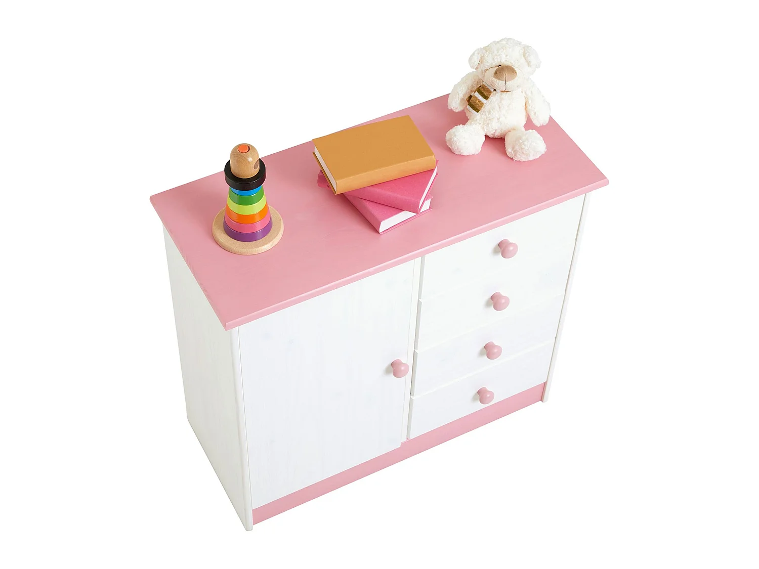 Commode enfant RONDO lasuré blanc et rose en pin passif buffet meuble de rangement pour chambre enfant avec 4 tiroirs et une porte