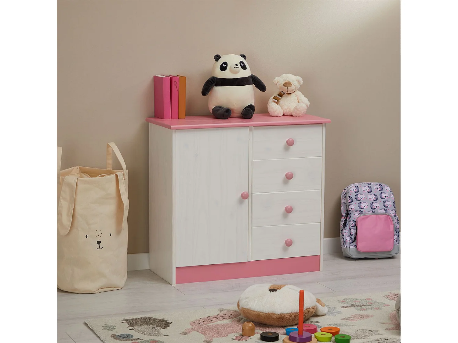 Commode enfant RONDO lasuré blanc et rose en pin passif buffet meuble de rangement pour chambre enfant avec 4 tiroirs et une porte