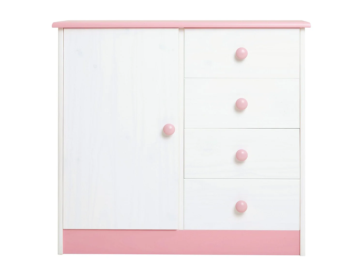 Commode enfant RONDO lasuré blanc et rose en pin passif buffet meuble de rangement pour chambre enfant avec 4 tiroirs et une porte