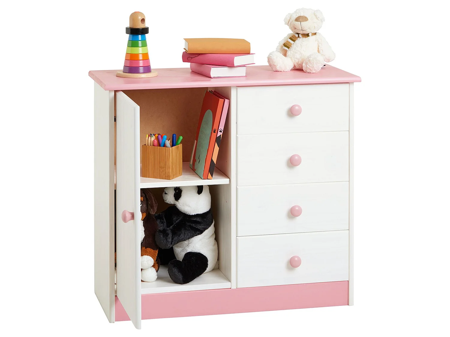 Commode enfant RONDO lasuré blanc et rose en pin passif buffet meuble de rangement pour chambre enfant avec 4 tiroirs et une porte