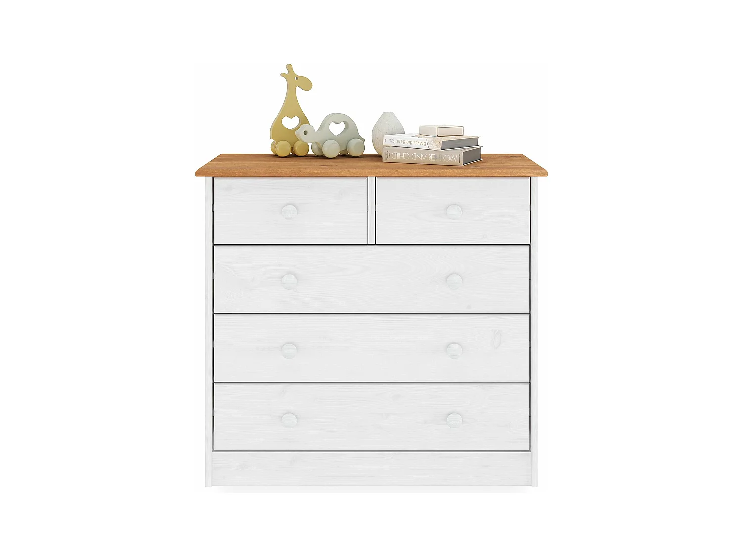 Commode de chambre RONDO meuble de rangement avec 5 tiroirs, en pin massif lasuré blanc et brun