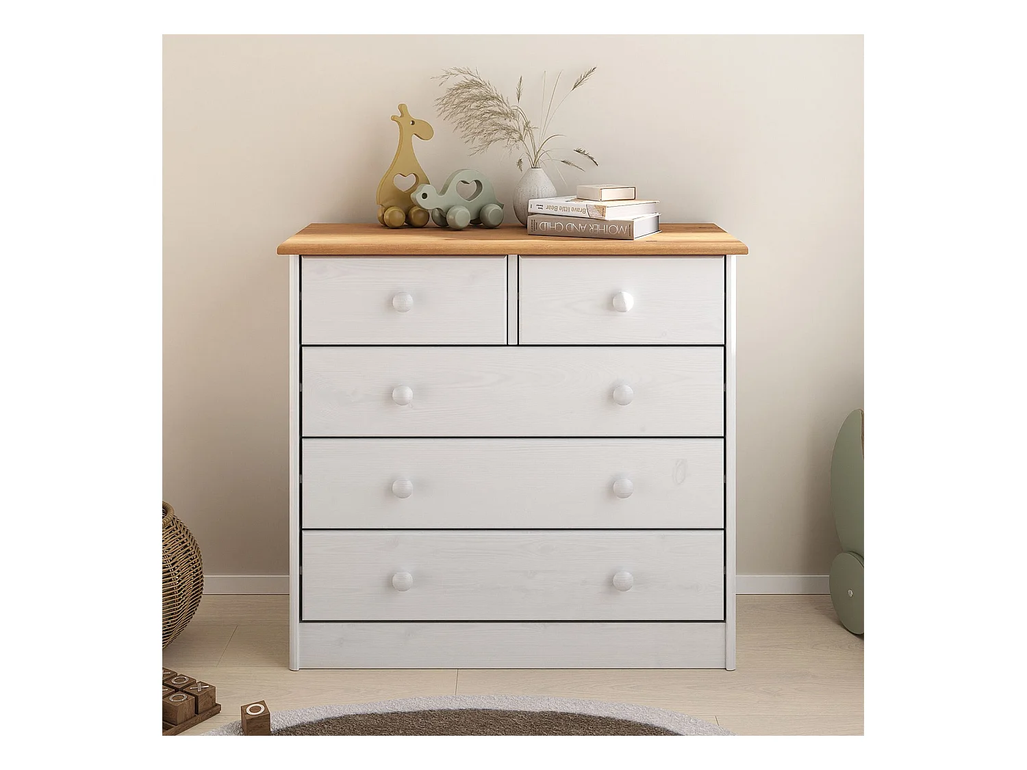 Commode de chambre RONDO meuble de rangement avec 5 tiroirs, en pin massif lasuré blanc et brun