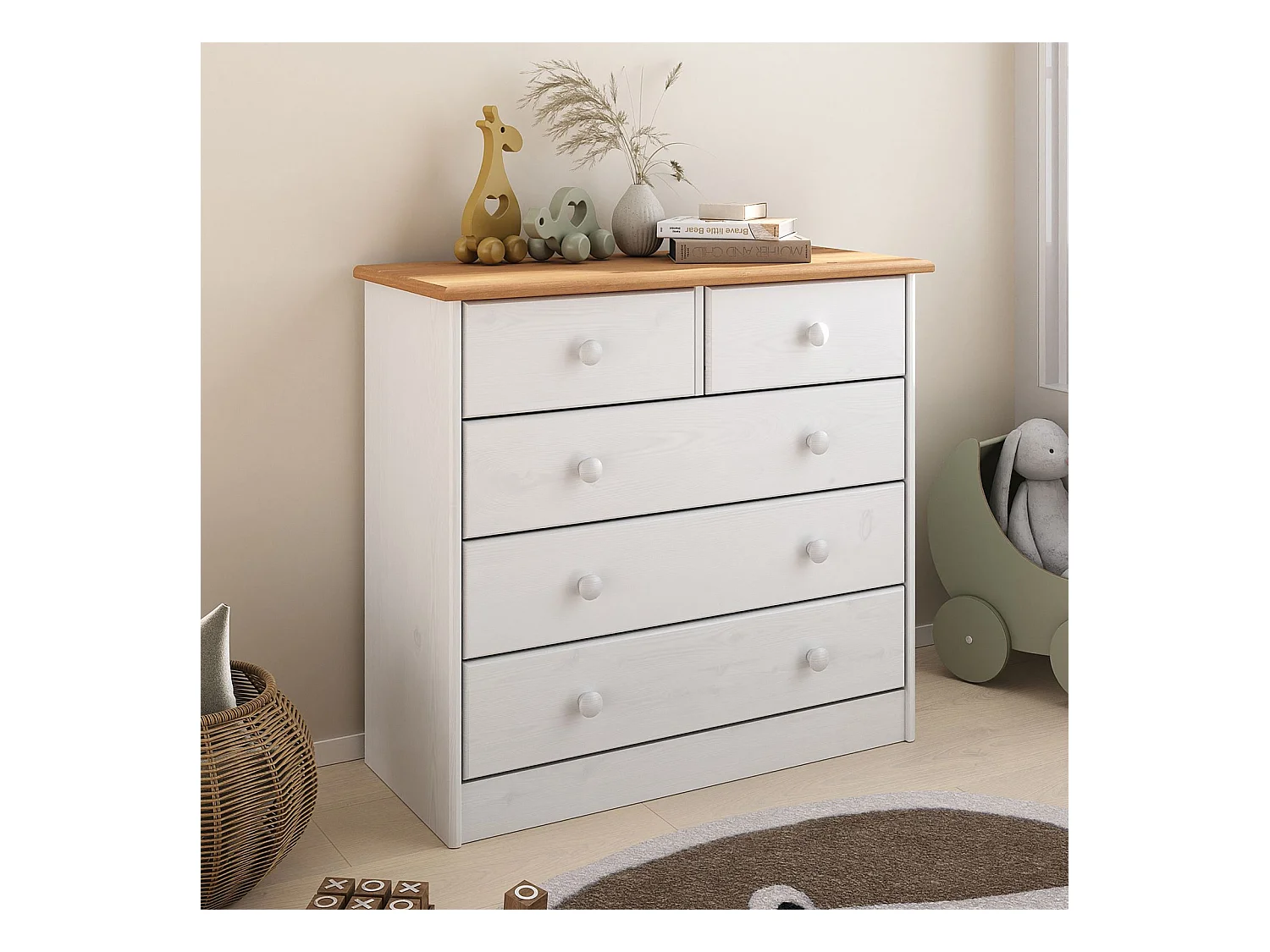 Commode de chambre RONDO meuble de rangement avec 5 tiroirs, en pin massif lasuré blanc et brun
