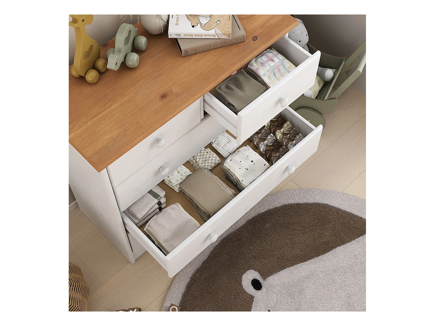 Commode de chambre RONDO meuble de rangement avec 5 tiroirs, en pin massif lasuré blanc et brun