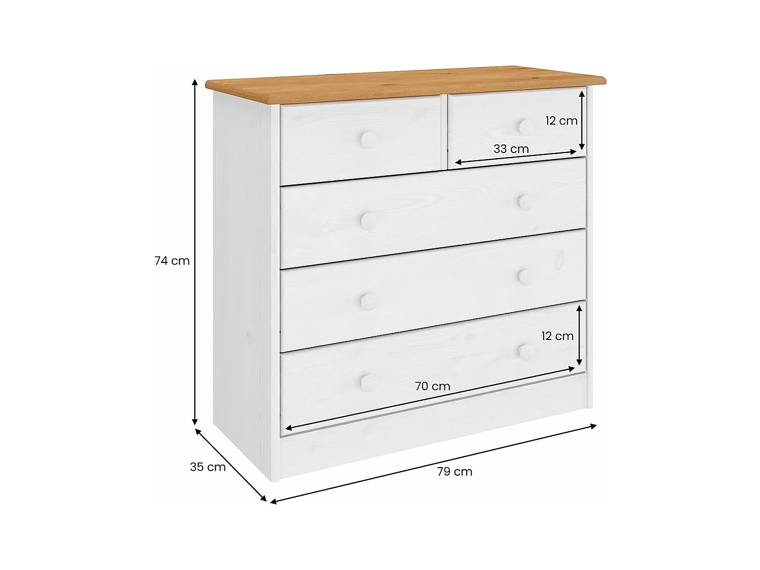 Commode de chambre RONDO meuble de rangement avec 5 tiroirs, en pin massif lasuré blanc et brun