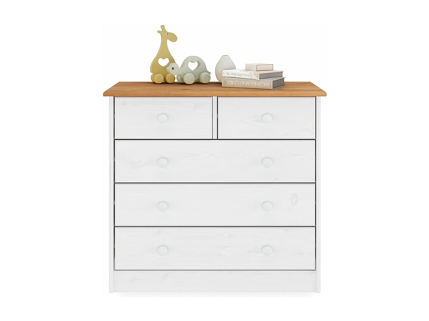 Commode de chambre RONDO meuble de rangement avec 5 tiroirs, en pin massif lasuré blanc et brun