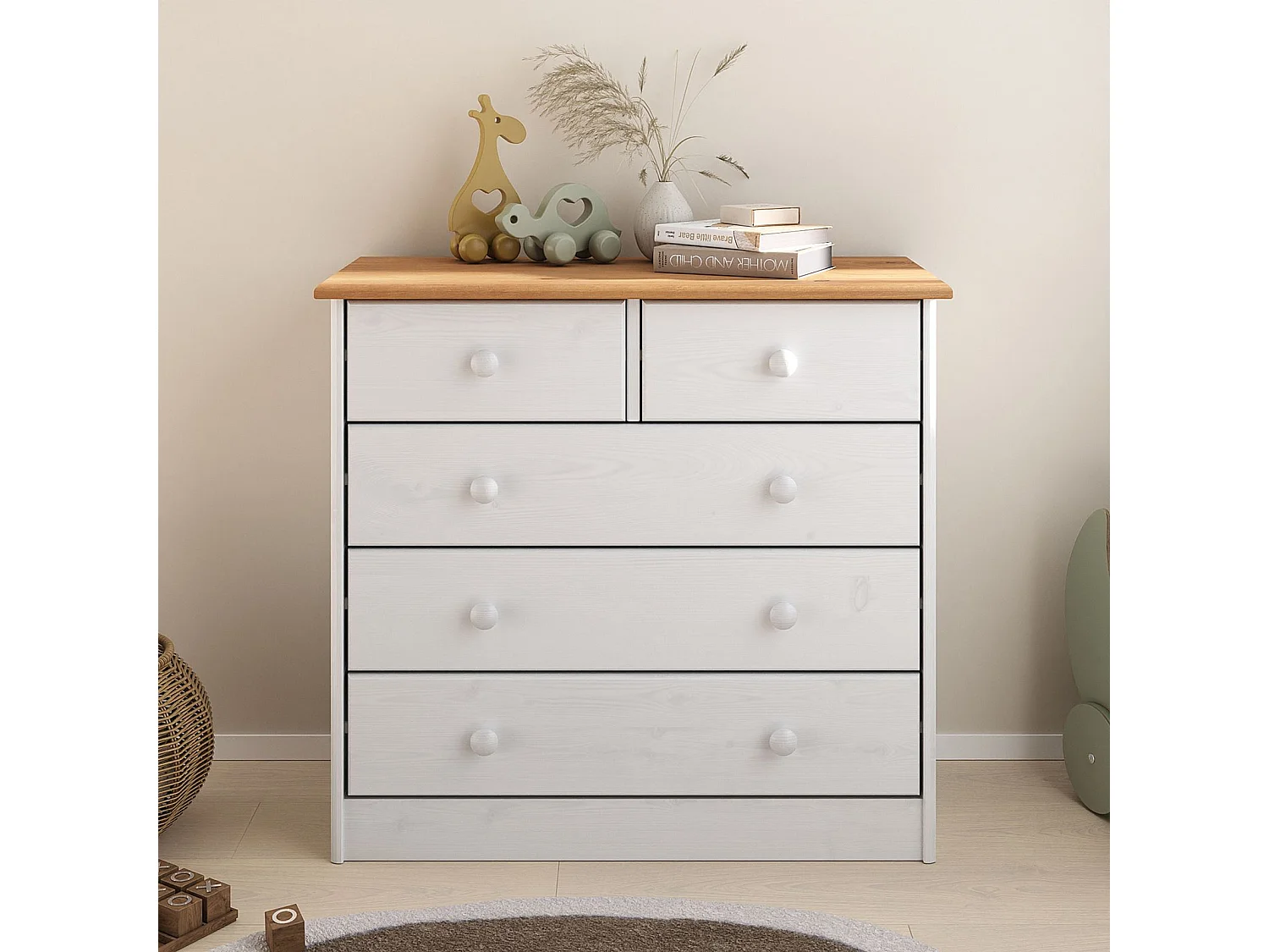 Commode de chambre RONDO meuble de rangement avec 5 tiroirs, en pin massif lasuré blanc et brun