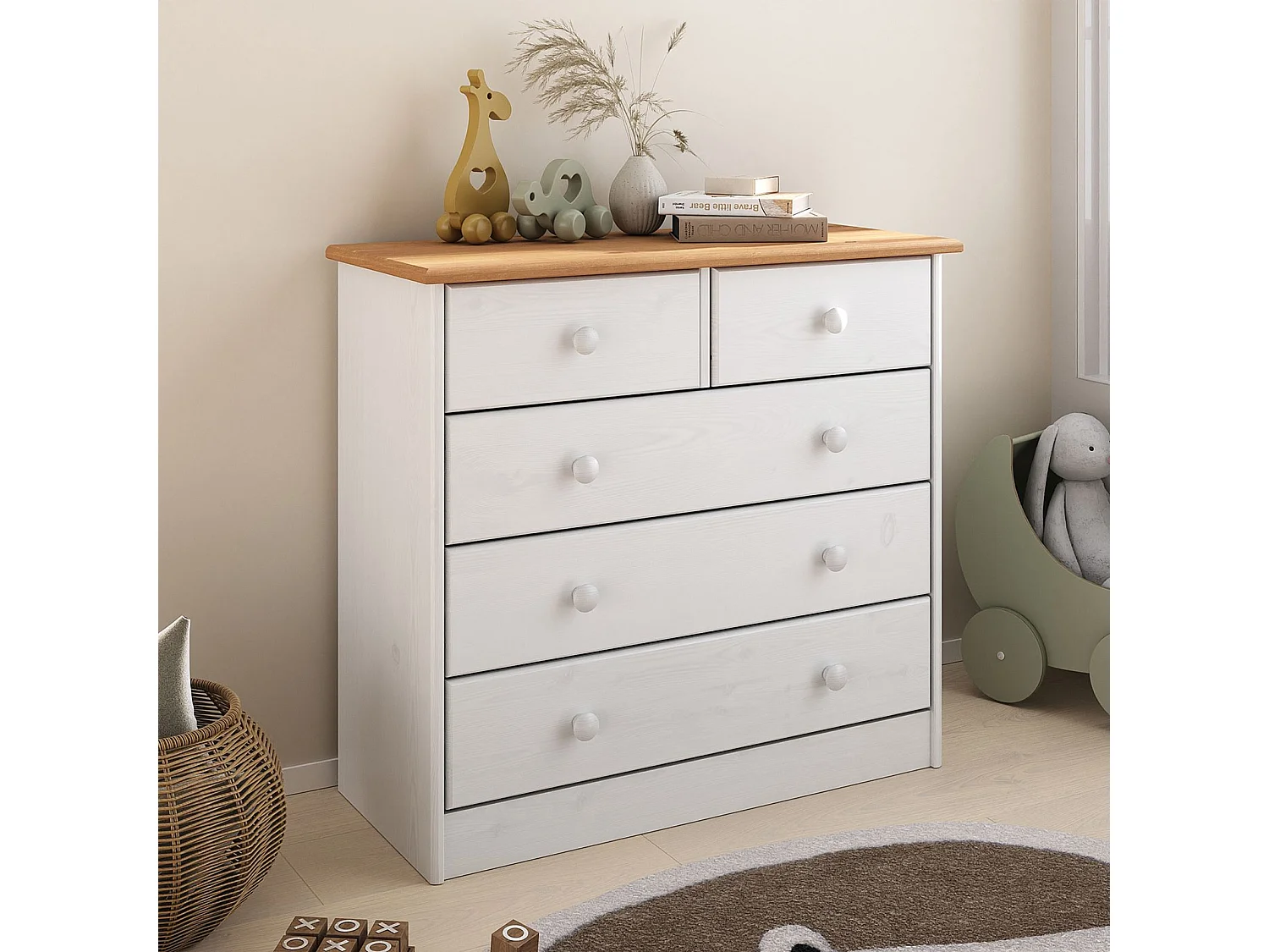 Commode de chambre RONDO meuble de rangement avec 5 tiroirs, en pin massif lasuré blanc et brun