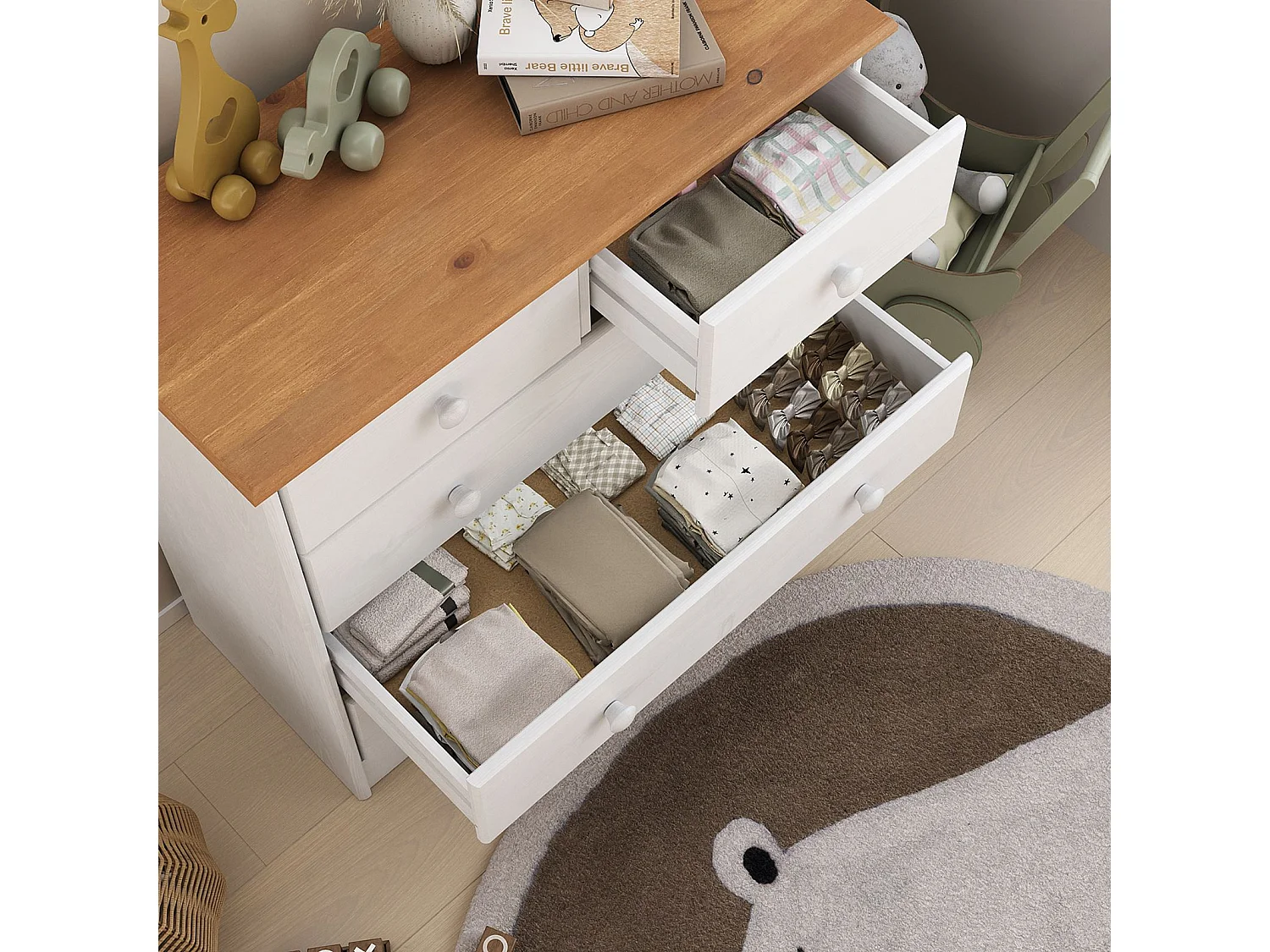 Commode de chambre RONDO meuble de rangement avec 5 tiroirs, en pin massif lasuré blanc et brun