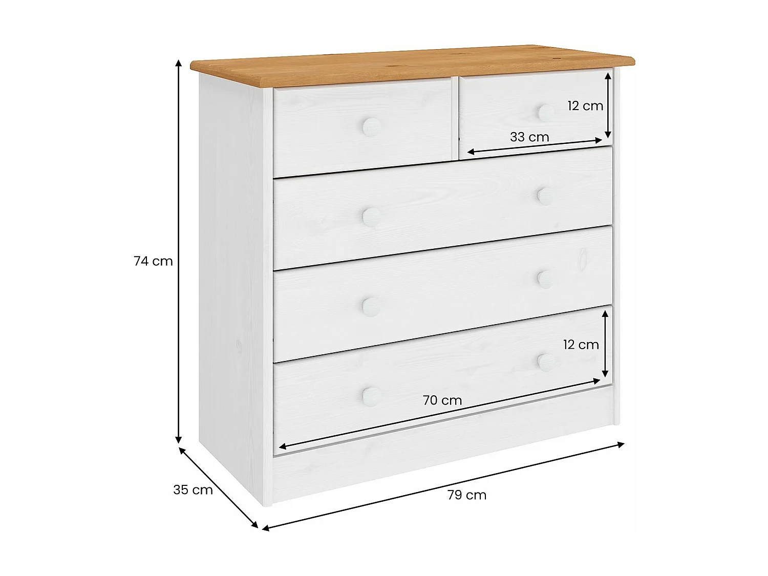 Commode de chambre RONDO meuble de rangement avec 5 tiroirs, en pin massif lasuré blanc et brun