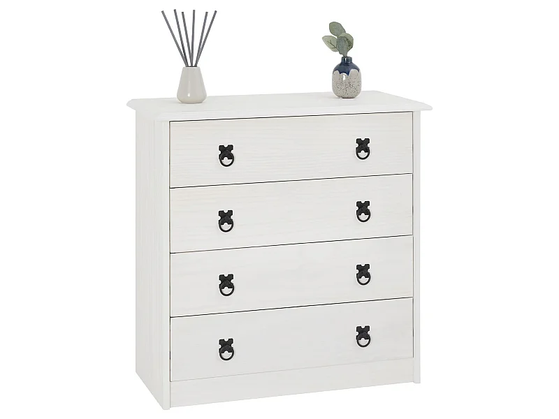 Commode en pin RESIDENCIA 4 grands tiroirs buffet bahut vaisselier en bois style mexicain, lasuré blanc